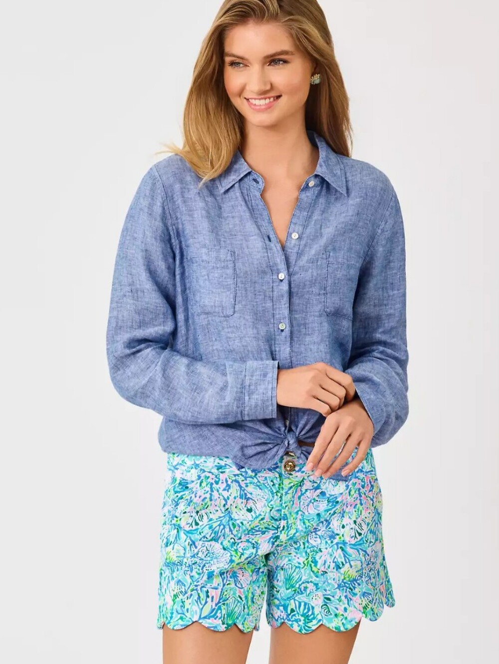 LILLY PULITZER Buttercup Knit Celestial Blue-Cay to My Heart Scalloped Hem Short - Picture 2 of 8